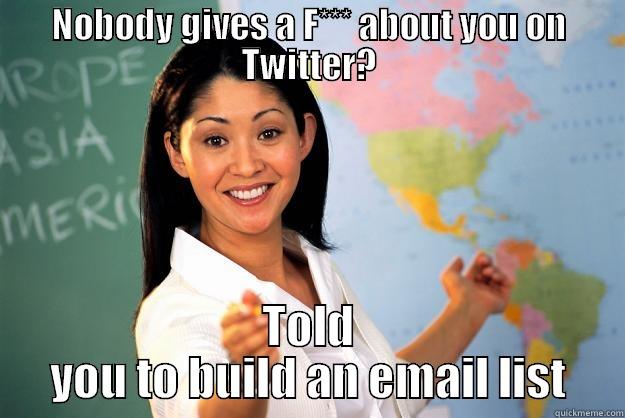 NOBODY GIVES A F*** ABOUT YOU ON TWITTER? TOLD YOU TO BUILD AN EMAIL LIST Unhelpful High School Teacher