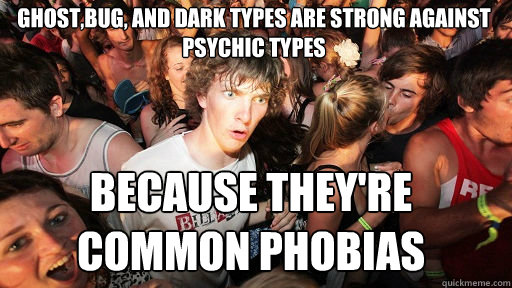 ghost,bug, and dark types are strong against psychic types because they're common phobias  Sudden Clarity Clarence
