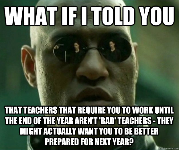 WHAT IF I TOLD YOU that teachers that require you to work until the end of the year aren't 'bad' teachers - they might actually want you to be better prepared for next year?  Hi- Res Matrix Morpheus