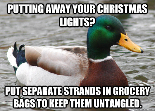 Putting away your Christmas lights? Put separate strands in grocery bags to keep them untangled.  Actual Advice Mallard