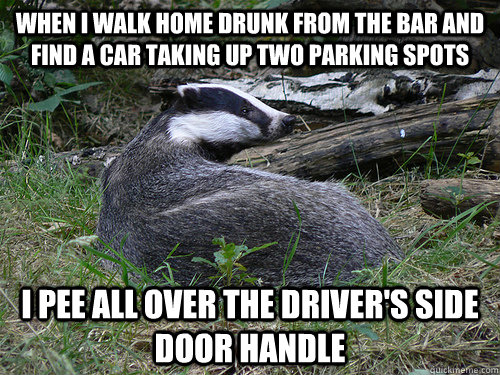 When I walk home drunk from the bar and find a car taking up two parking spots i pee all over the driver's side door handle - When I walk home drunk from the bar and find a car taking up two parking spots i pee all over the driver's side door handle  Bastard Badger