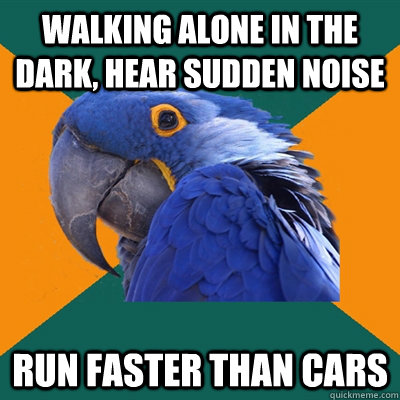 walking alone in the dark, hear sudden noise Run faster than cars  Paranoid Parrot