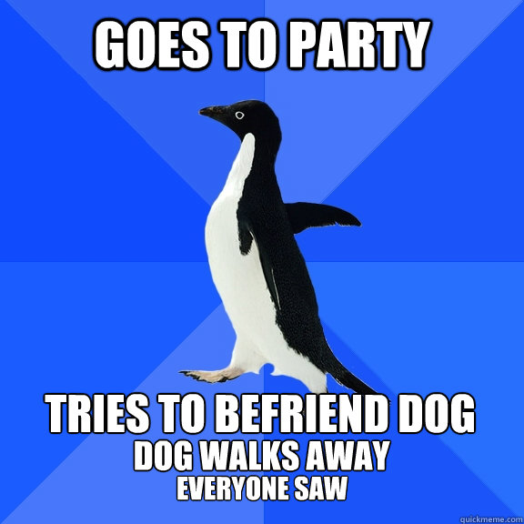 goes to party tries to befriend dog dog walks away everyone saw    Socially Awkward Penguin