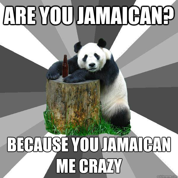 are you jamaican? because you jamaican me crazy  Pickup-Line Panda