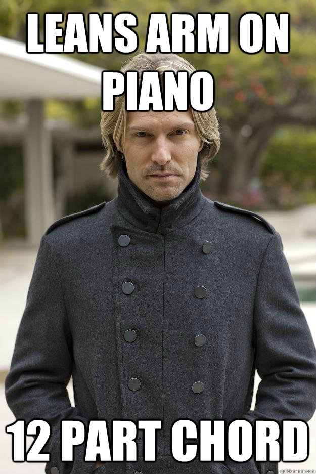 leans arm on piano 12 part chord  Superhuman Eric Whitacre