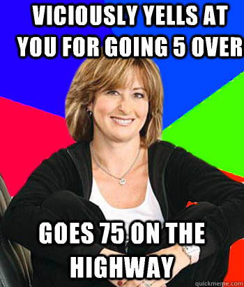 Viciously yells at you for going 5 over Goes 75 on the highway  Sheltering Suburban Mom