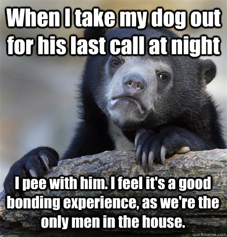 When I take my dog out for his last call at night I pee with him. I feel it's a good bonding experience, as we're the only men in the house.  Confession Bear