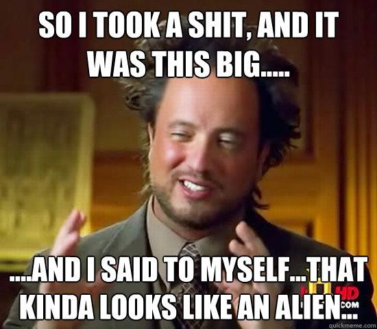so I took a shit, and it was this big..... ....and I said to myself...that kinda looks like an alien...  Ancient Aliens