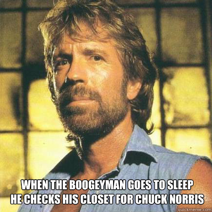  WHEN THE BOOGEYMAN GOES TO SLEEP
HE CHECKS HIS CLOSET FOR CHUCK NORRIS -  WHEN THE BOOGEYMAN GOES TO SLEEP
HE CHECKS HIS CLOSET FOR CHUCK NORRIS  Freshman Chuck Norris
