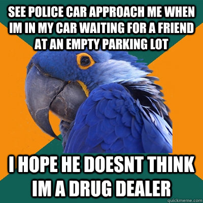 see police car approach me when im in my car waiting for a friend at an empty parking lot i hope he doesnt think im a drug dealer  Paranoid Parrot