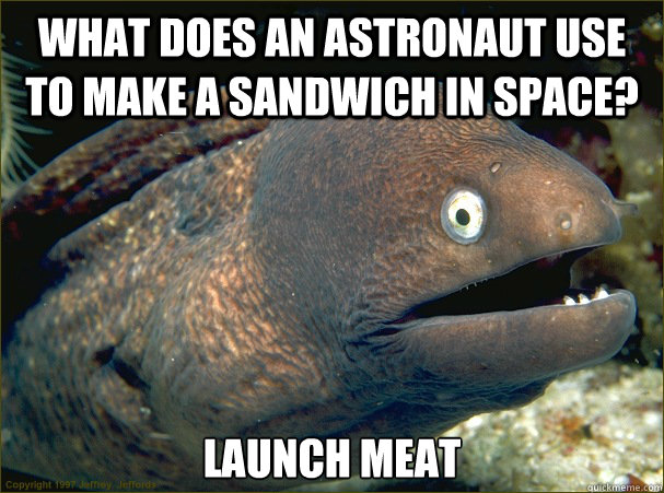 What does an astronaut use to make a sandwich in space? Launch meat  Bad Joke Eel