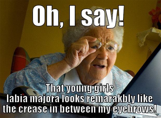 OH, I SAY! THAT YOUNG GIRLS LABIA MAJORA LOOKS REMARAKBLY LIKE THE CREASE IN BETWEEN MY EYEBROWS! Grandma finds the Internet
