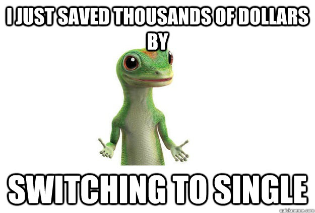 I JUST saved thousands of dollars by switching to single - I JUST saved thousands of dollars by switching to single  Geico Gecko