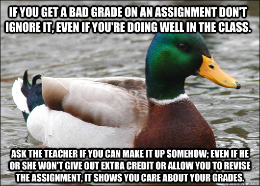 If you get a bad grade on an assignment don't ignore it, even if you're doing well in the class. Ask the teacher if you can make it up somehow; even if he or she won't give out extra credit or allow you to revise the assignment, it shows you care about yo  Actual Advice Mallard