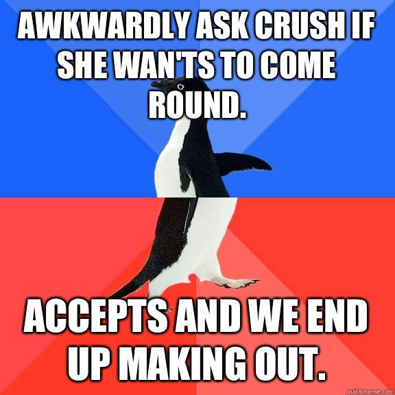 Awkwardly ask crush if she wan'ts to come round.  Accepts and we end up making out.  Socially Awkward Awesome Penguin