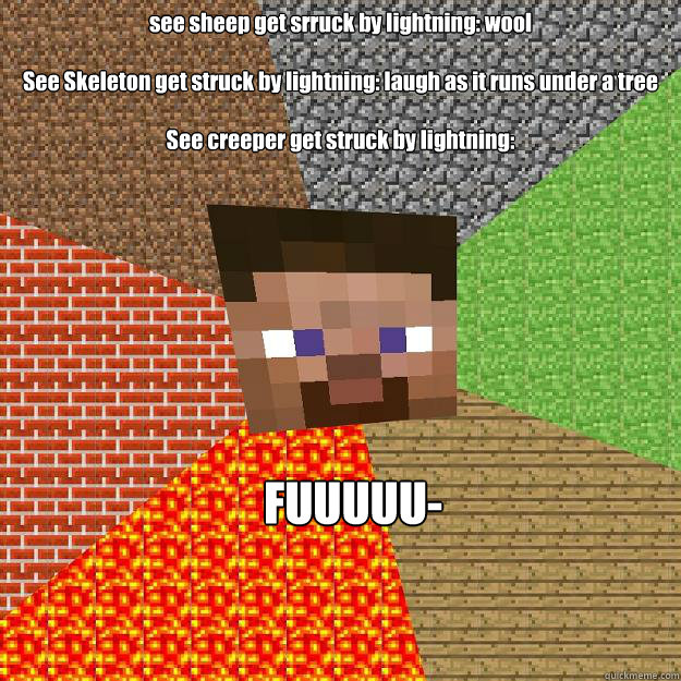 see sheep get srruck by lightning: wool

See Skeleton get struck by lightning: laugh as it runs under a tree

See creeper get struck by lightning: FUUUUU-  Minecraft