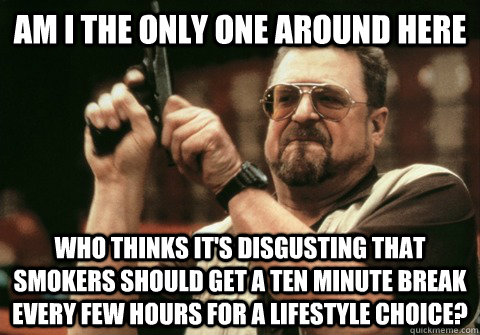 Am I the only one around here Who thinks it's disgusting that smokers should get a ten minute break every few hours for a lifestyle choice? - Am I the only one around here Who thinks it's disgusting that smokers should get a ten minute break every few hours for a lifestyle choice?  Am I the only one