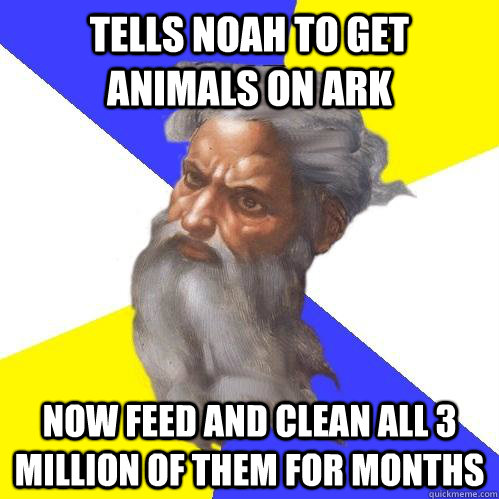 Tells noah to get animals on ark Now feed and clean all 3 million of them for months  Advice God