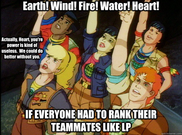 Earth! Wind! Fire! Water! Heart! IF EVERYONE HAD TO RANK THEIR TEAMMATES LIKE LP Actually, Heart, you're power is kind of useless.  We could do better without you.  