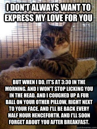 I don't always want to express my love for you But when I do, it's at 3:30 in the morning. And I won't stop licking you in the head. And I coughed up a fur ball on your other pillow, right next to your face. And I'll be back every half hour henceforth. An  The Most Interesting Cat in the World