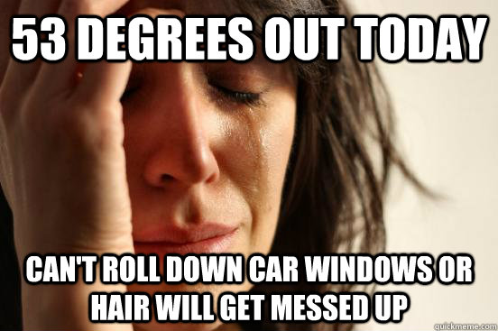 53 Degrees out today Can't roll down car windows or hair will get messed up  First World Problems