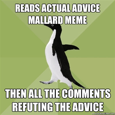 reads actual advice mallard meme then all the comments refuting the advice  Socially Average Penguin