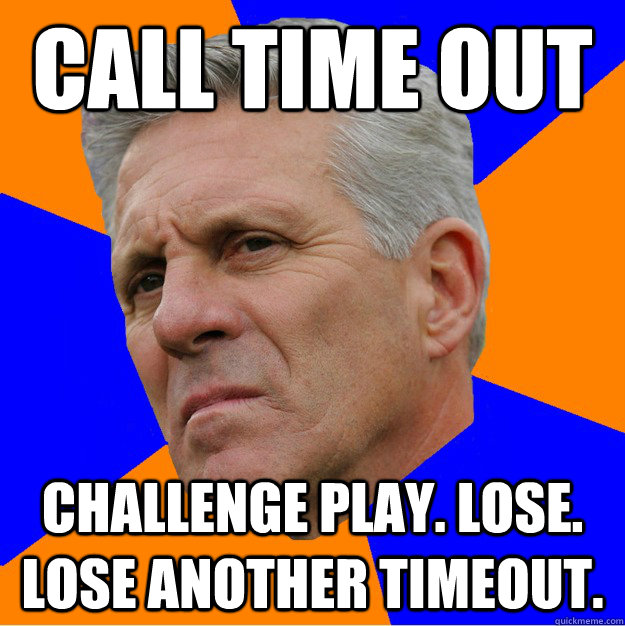 call time out challenge play. lose. lose another timeout.  Uninformed Zook