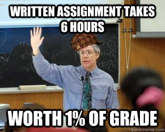 Written assignment takes 6 hours Worth 1% of grade  Scumbag Professor