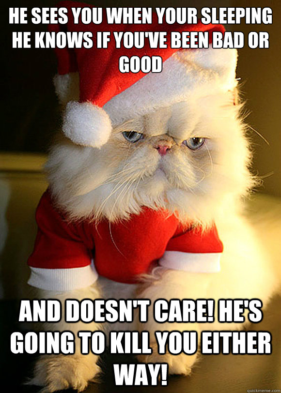 he sees you when your sleeping
he knows if you've been bad or good and doesn't care! he's going to kill you either way!  Angry Cat