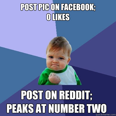 Post pic on facebook; 
0 likes post on reddit; peaks at number two  Success Kid