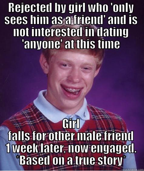 REJECTED BY GIRL WHO 'ONLY SEES HIM AS A FRIEND' AND IS NOT INTERESTED IN DATING 'ANYONE' AT THIS TIME GIRL FALLS FOR OTHER MALE FRIEND 1 WEEK LATER, NOW ENGAGED. *BASED ON A TRUE STORY* Bad Luck Brian