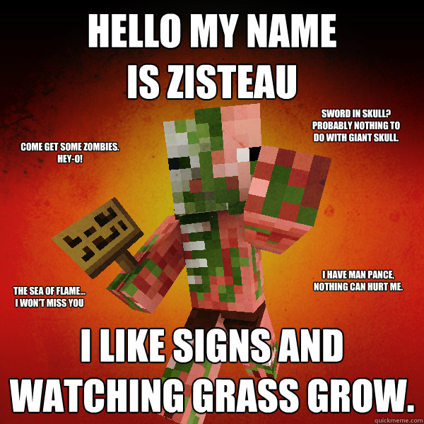 Hello my name
is ZISTEAU I like signs and watching grass grow. COME GET SOME ZOMBIES.
Hey-o! I HAVE MAN PANCE,
NOTHING CAN HURT ME. Sword in skull?
Probably nothing to
do with giant skull. The sea of flame...
I won't miss you  Zombie Pigman Zisteau