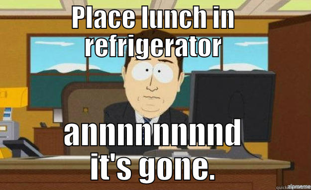 PLACE LUNCH IN REFRIGERATOR ANNNNNNNND IT'S GONE. aaaand its gone