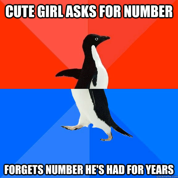 Cute girl asks for number  forgets number he's had for years  Socially Awesome Awkward Penguin