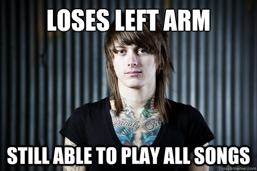 Loses left arm Still able to play all songs  