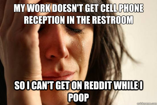 my work doesn't get cell phone reception in the restroom so i can't get on reddit while i poop  First World Problems