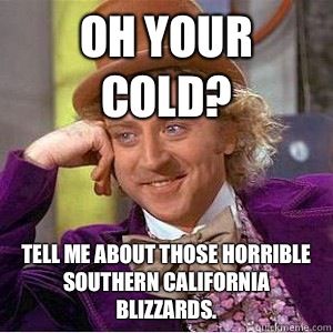 Oh your cold? Tell me about those horrible Southern California blizzards.  