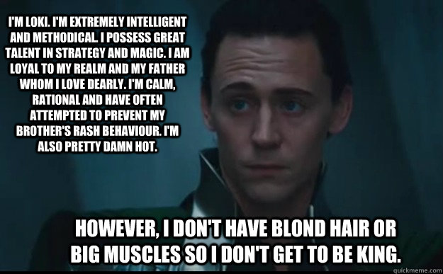 I'm Loki. I'm extremely intelligent and methodical. I possess great talent in strategy and magic. I am loyal to my realm and my father whom I love dearly. I'm calm, rational and have often attempted to prevent my brother's rash behaviour. I'm also pretty  - I'm Loki. I'm extremely intelligent and methodical. I possess great talent in strategy and magic. I am loyal to my realm and my father whom I love dearly. I'm calm, rational and have often attempted to prevent my brother's rash behaviour. I'm also pretty   Loki