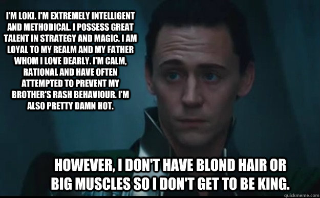 I'm Loki. I'm extremely intelligent and methodical. I possess great talent in strategy and magic. I am loyal to my realm and my father whom I love dearly. I'm calm, rational and have often attempted to prevent my brother's rash behaviour. I'm also pretty   