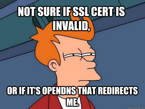 Not sure if SSL Cert is invalid, Or if it's OpenDNS that redirects me.  Futurama Fry