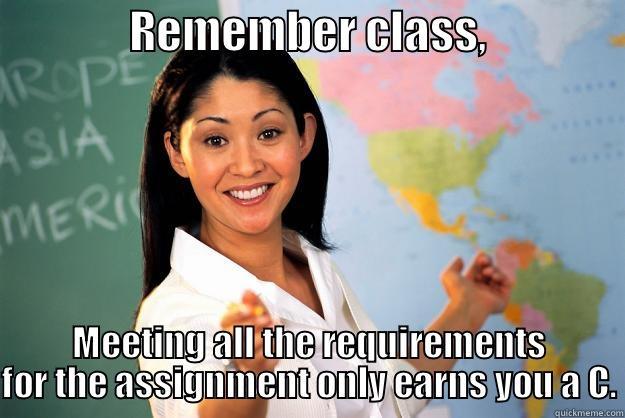 Scumbag teacher. -               REMEMBER CLASS,                MEETING ALL THE REQUIREMENTS FOR THE ASSIGNMENT ONLY EARNS YOU A C. Unhelpful High School Teacher