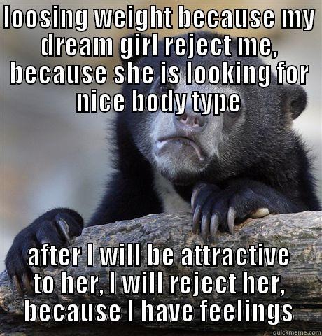 LOOSING WEIGHT BECAUSE MY DREAM GIRL REJECT ME, BECAUSE SHE IS LOOKING FOR NICE BODY TYPE AFTER I WILL BE ATTRACTIVE TO HER, I WILL REJECT HER, BECAUSE I HAVE FEELINGS Confession Bear