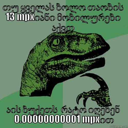 თუ ყველას ბოლო თაობის 13 MPXიანი მობილურები აქვთ აის ბუქეთს  რატო იღებენ  0.00000000001 MPXით Philosoraptor
