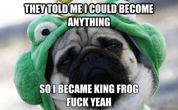 they told me i could become anything so i became king frog
fuck yeah - they told me i could become anything so i became king frog
fuck yeah  fuckyeahfrodog