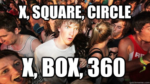 X, Square, circle X, box, 360   Sudden Clarity Clarence