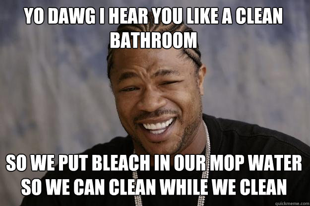 YO DAWG I HEAR YOU like a clean bathroom so we put bleach in our mop water so we can clean while we clean   Xzibit meme