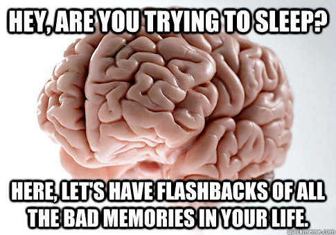 Hey, are you trying to sleep? Here, let's have flashbacks of all the bad memories in your life.  Scumbag Brain