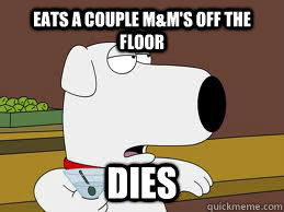 eats a couple m&m's off the floor dies  Bad Luck Brian Griffin