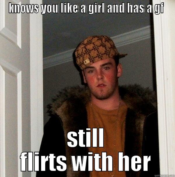 probably doesn't do it on purpose though - KNOWS YOU LIKE A GIRL AND HAS A GF STILL FLIRTS WITH HER Scumbag Steve