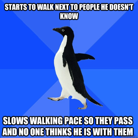 Starts to walk next to people he doesn't know Slows walking pace so they pass and no one thinks he is with them  Socially Awkward Penguin